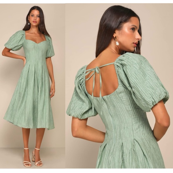 Lulus Dresses & Skirts - LULUS Sweetheart Neck Puff Short Sleeve Pleated Babydoll Princesscore Dress S